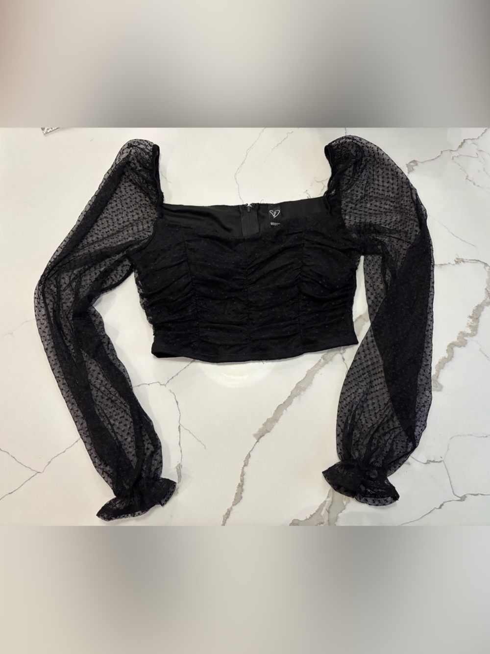 Black Sheer Puff-Sleeve Crop Top - Women’s